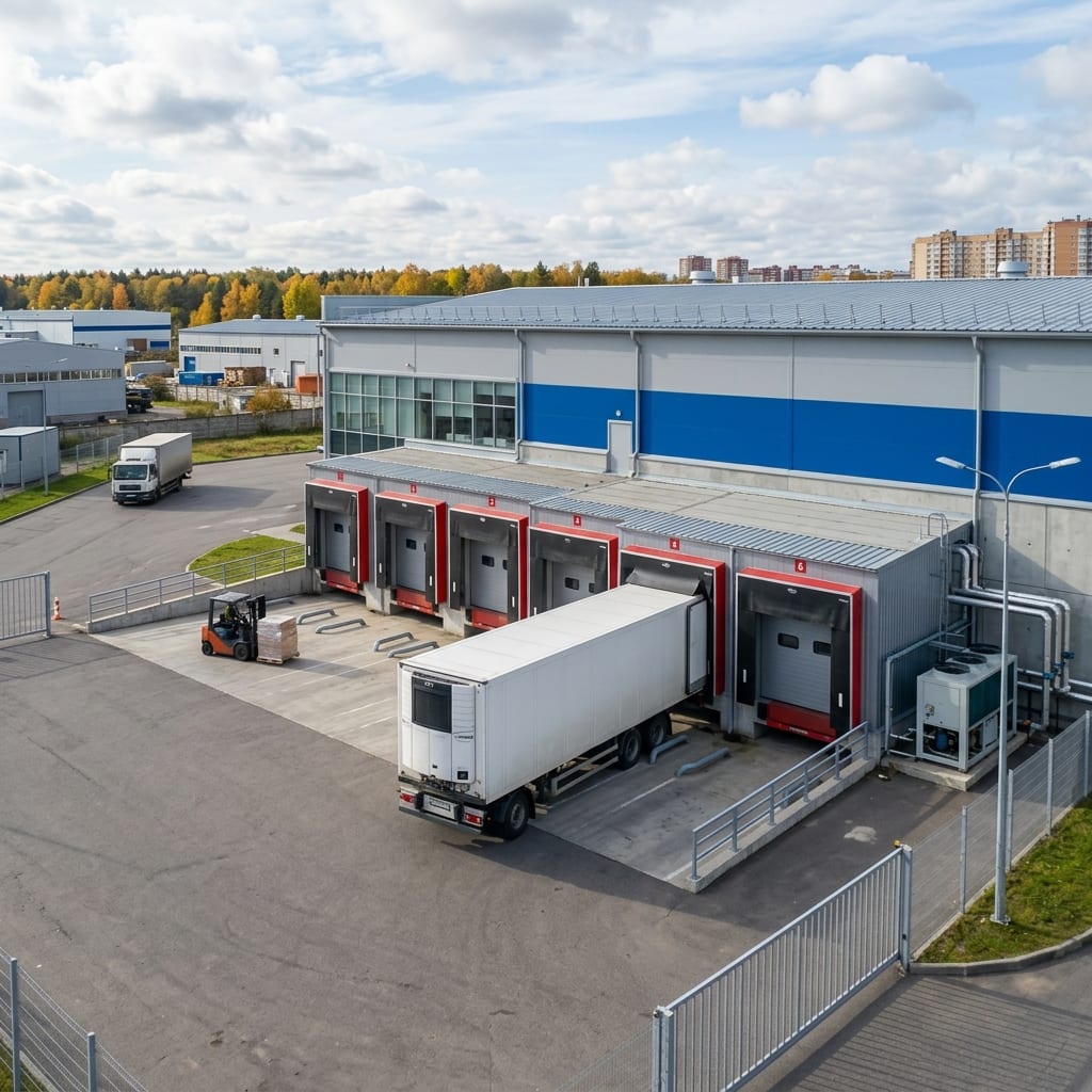 Климатические перегрузочные доки для фармацевтического склада в Девяткино СПб — секционные ворота и надувные шелтеры с теплоизоляцией